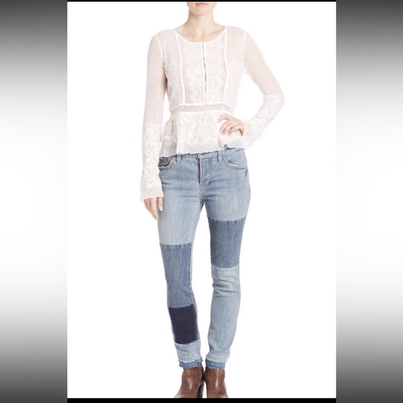 Free People Penelope Lace Swiss Dot Peplum Blouse Top White Size Large - Picture 10 of 11